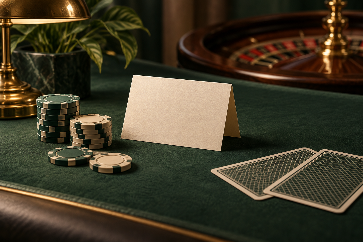 Meja casino dengan chip dan kartu untuk membaca ketentuan